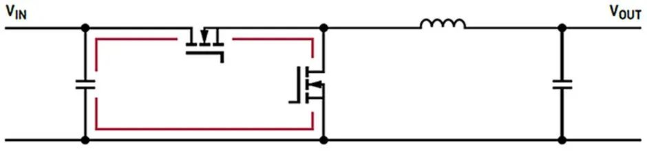 “图2：降压开关稳压器和快速变化电流路径的示意图，以红色显示。"