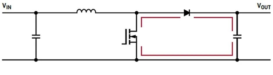 “图3：升压开关稳压器和快速变化电流路径的示意图，以红色显示。"