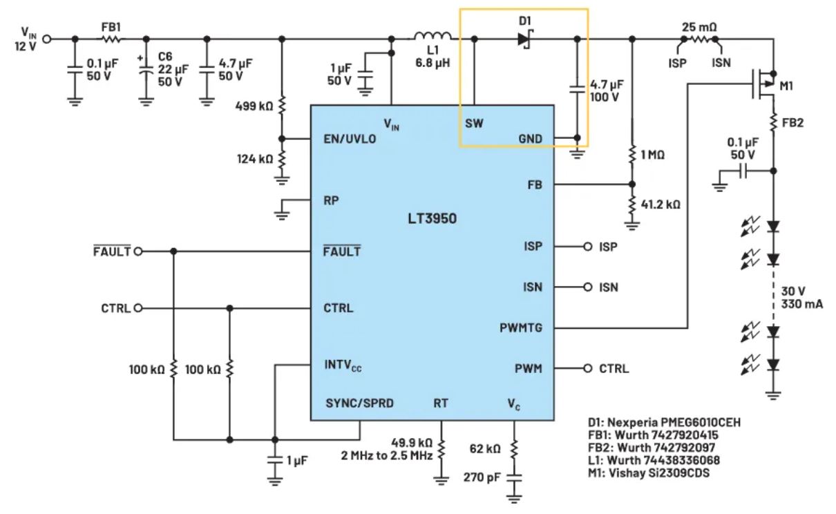 图3. LT3950 LED驱动器是一个异步单芯片1.5 A、60 V升压转换器.JPG