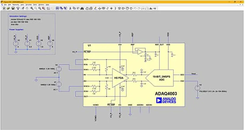 图 5：ADI 为使用差分输入配置的 ADAQ4003 提供 LTspice 仿真模型.png