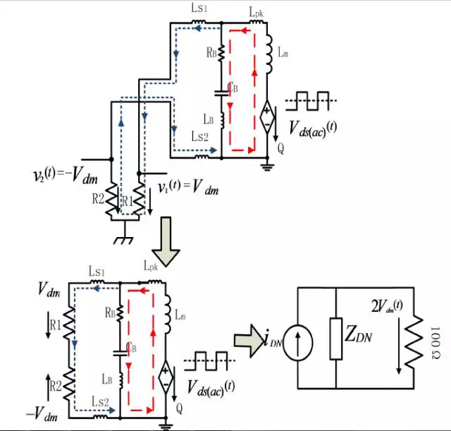原边MOSFET 交流电压分量单独作用下的差模EMI 等效电路从