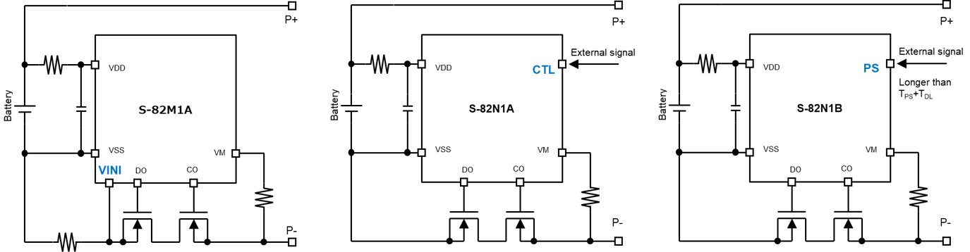 Examples of protection circuits using the S-82M1A/S-82N1A/S-82N1B Series