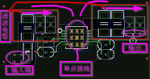 滤波电容按箭头方向：先大后小摆放