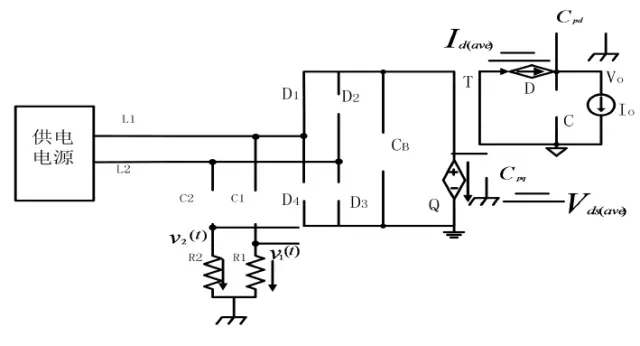 4-B-1：工作模式Ⅱ-Ⅱ在有LISN 时的等效受控源平均电路（直流等效）