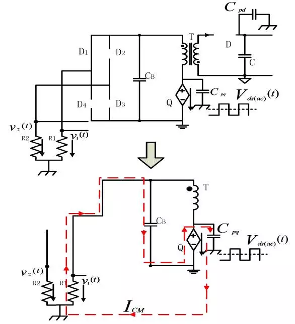 4-C-1：工作模式Ⅱ-Ⅱ在原边MOSFET 交流电压分量单独作用下的EMI 等效电路